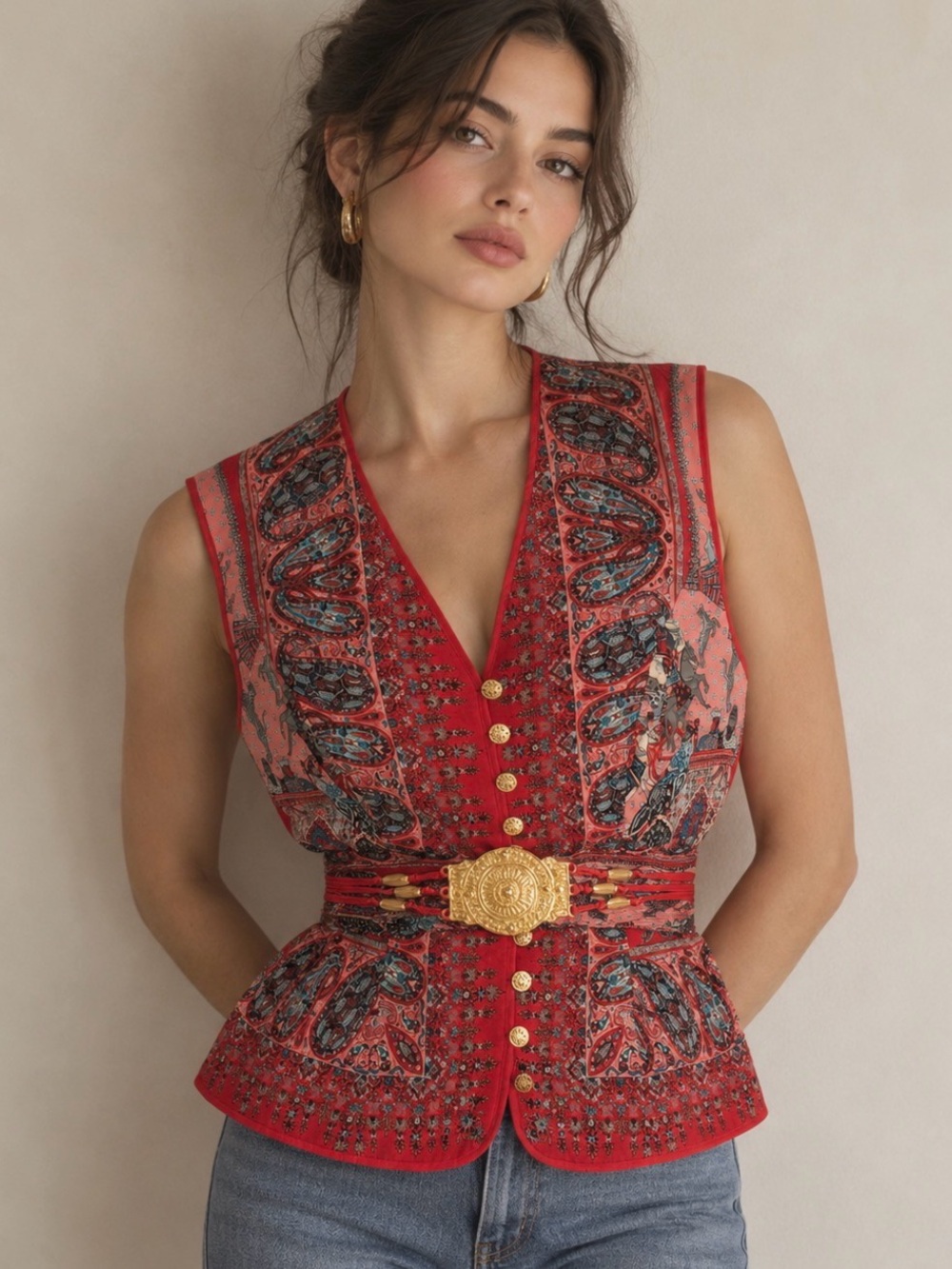 VTG Howard Wolf Vest Art To Wear Red Paisley Persian Horse Festival Belted 8 USA